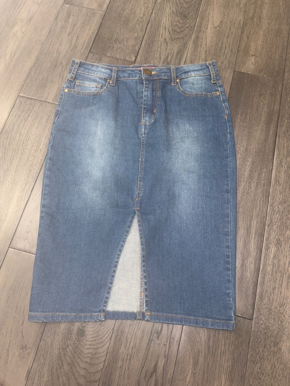 Signature 8 Classic Mid-Blue Jean Denim Pencil Skirt with Front Slit and pockets